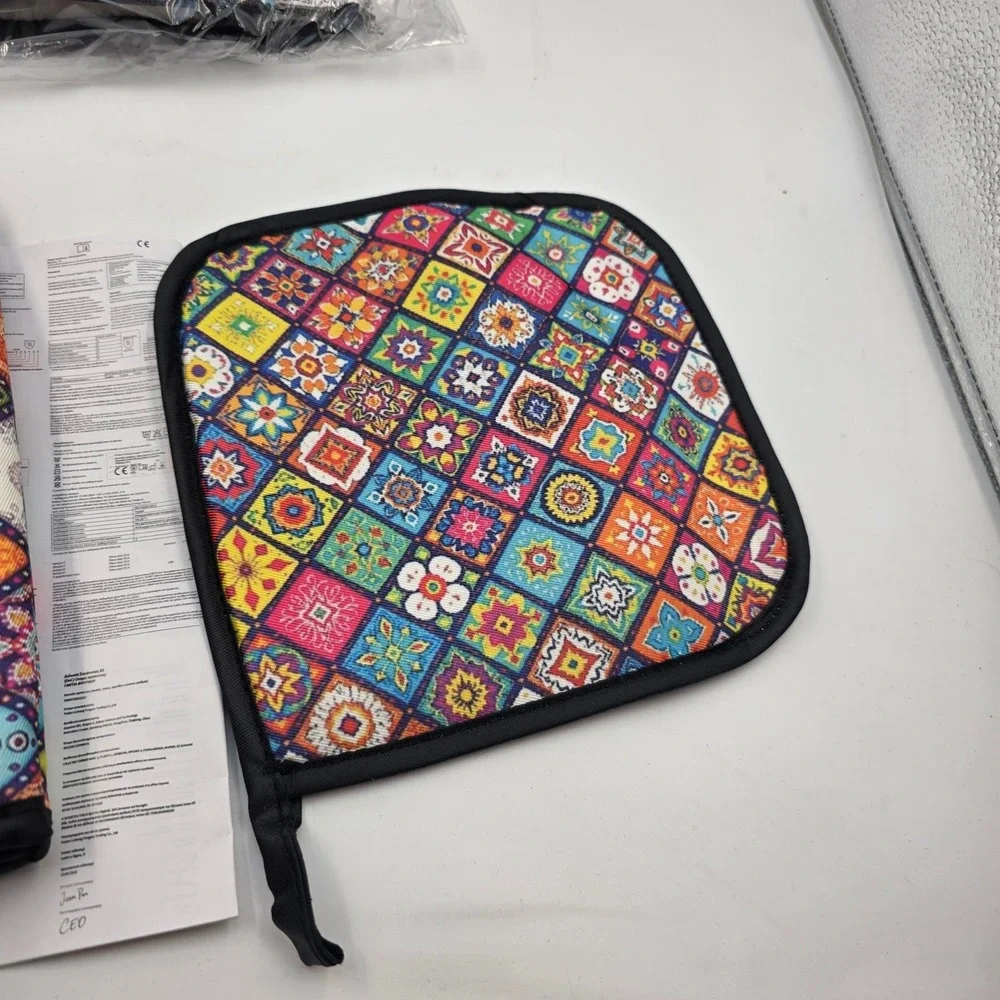 Mandala Patchwork Oven Mitt and Pot Holder Set 3 Piece Colorful Boho Kitchen L4